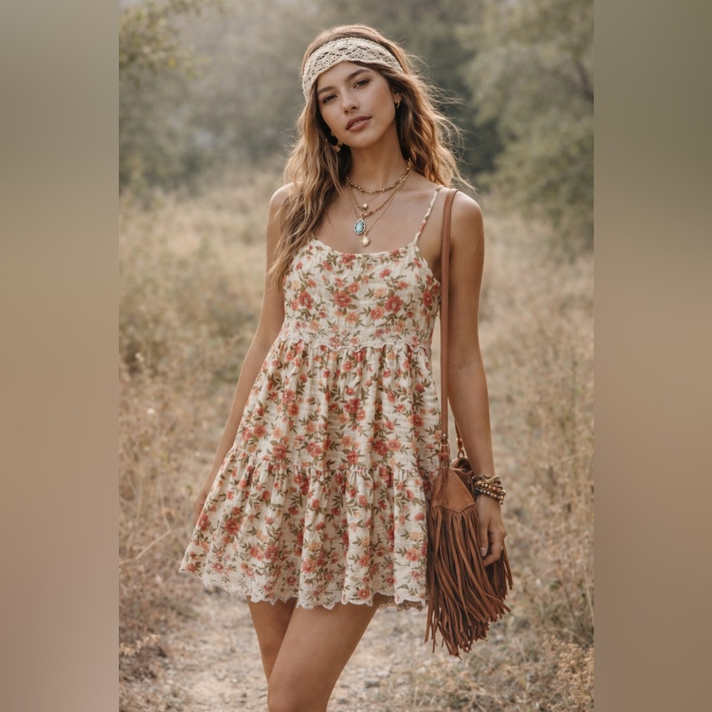 American Eagle Floral Lace Trim Mini Dress Small Cream Rust Cottagecore Boho